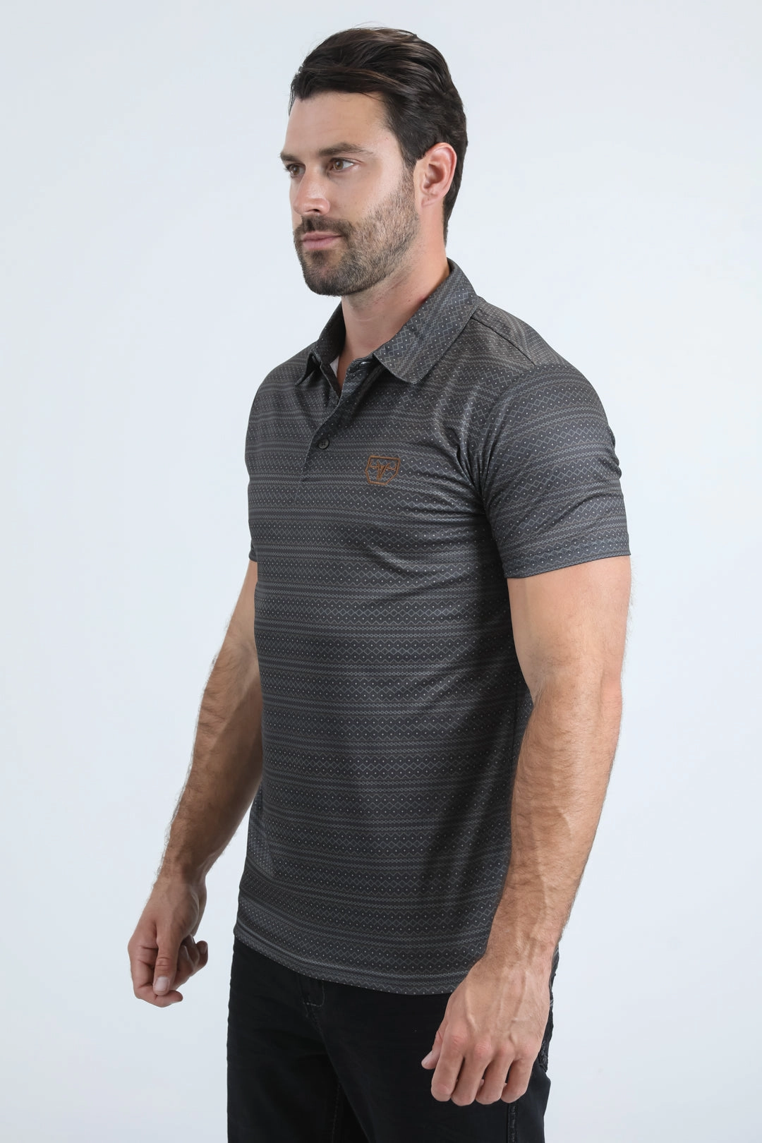 Mens Performance Fabric Modern Fit Stretch Aztec Print Olive Polo ShrinkageControl Process