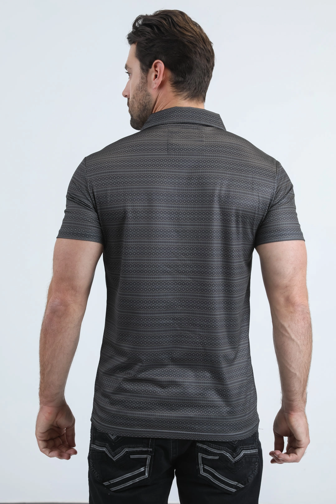 Mens Performance Fabric Modern Fit Stretch Aztec Print Olive Polo Dressy Casual Multi Ply Collar