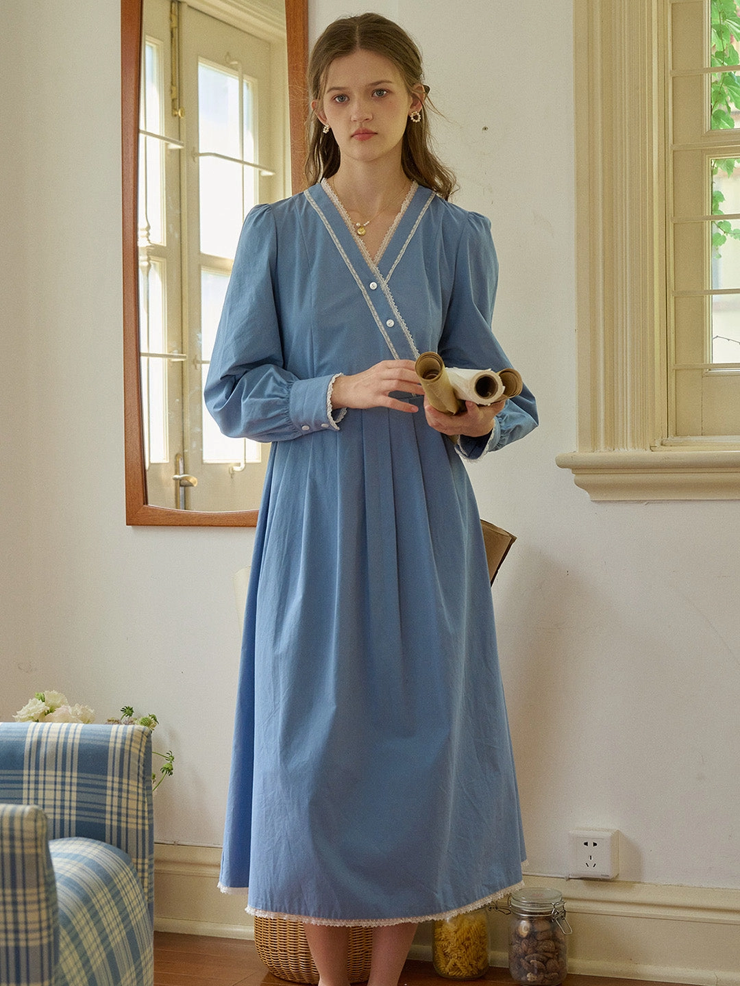 EcoFriendlyTextile DoubleStitchedEdges ??Final Sale??Chandler V-Neck Trimmed Lace-up Contrasting Button Cotton Dress