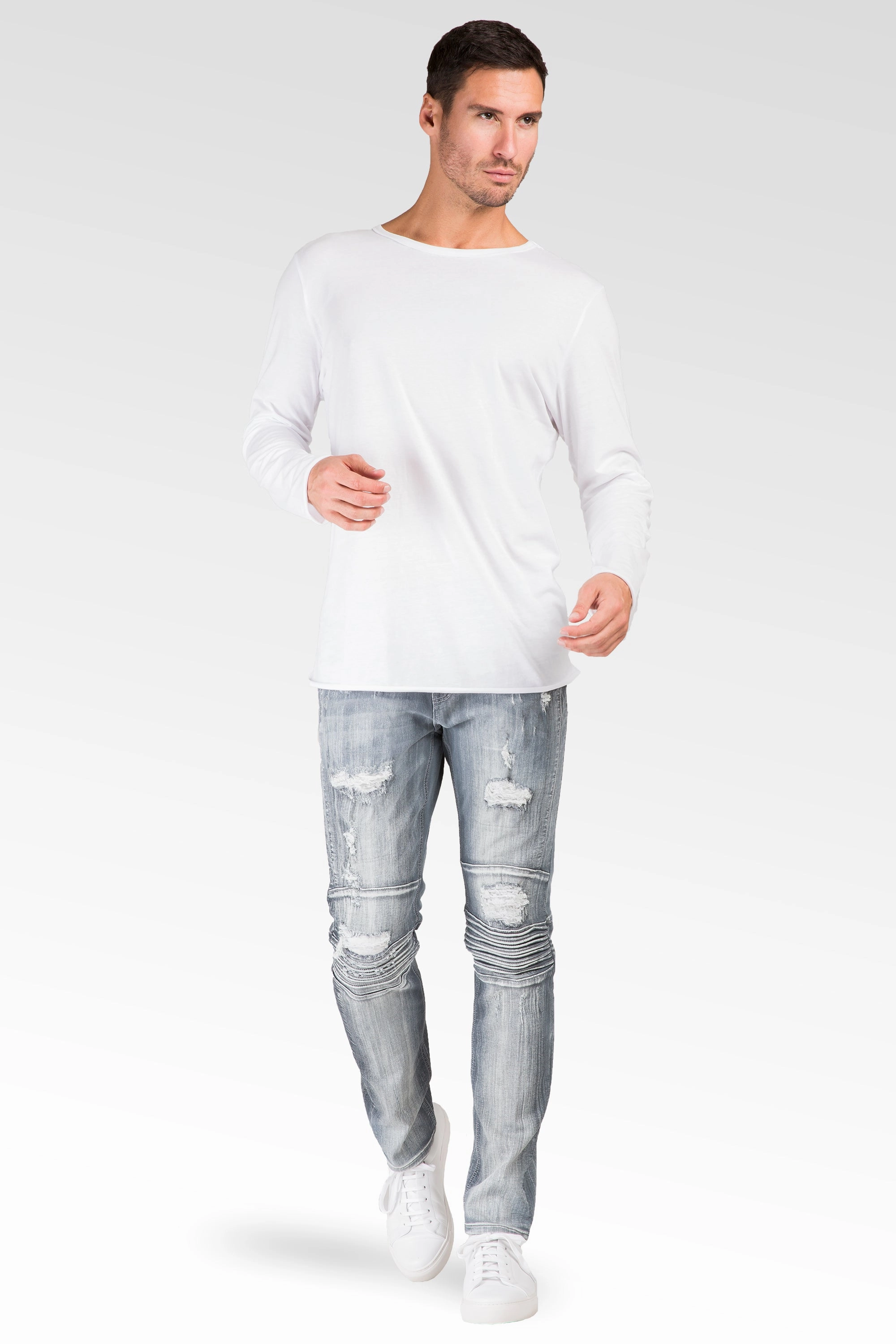 Slim Tapered Leg Premium Knit Denim Destroyed & Mended Moto Jeans Bleached Gray Versatile Scarf Adjustable Hem