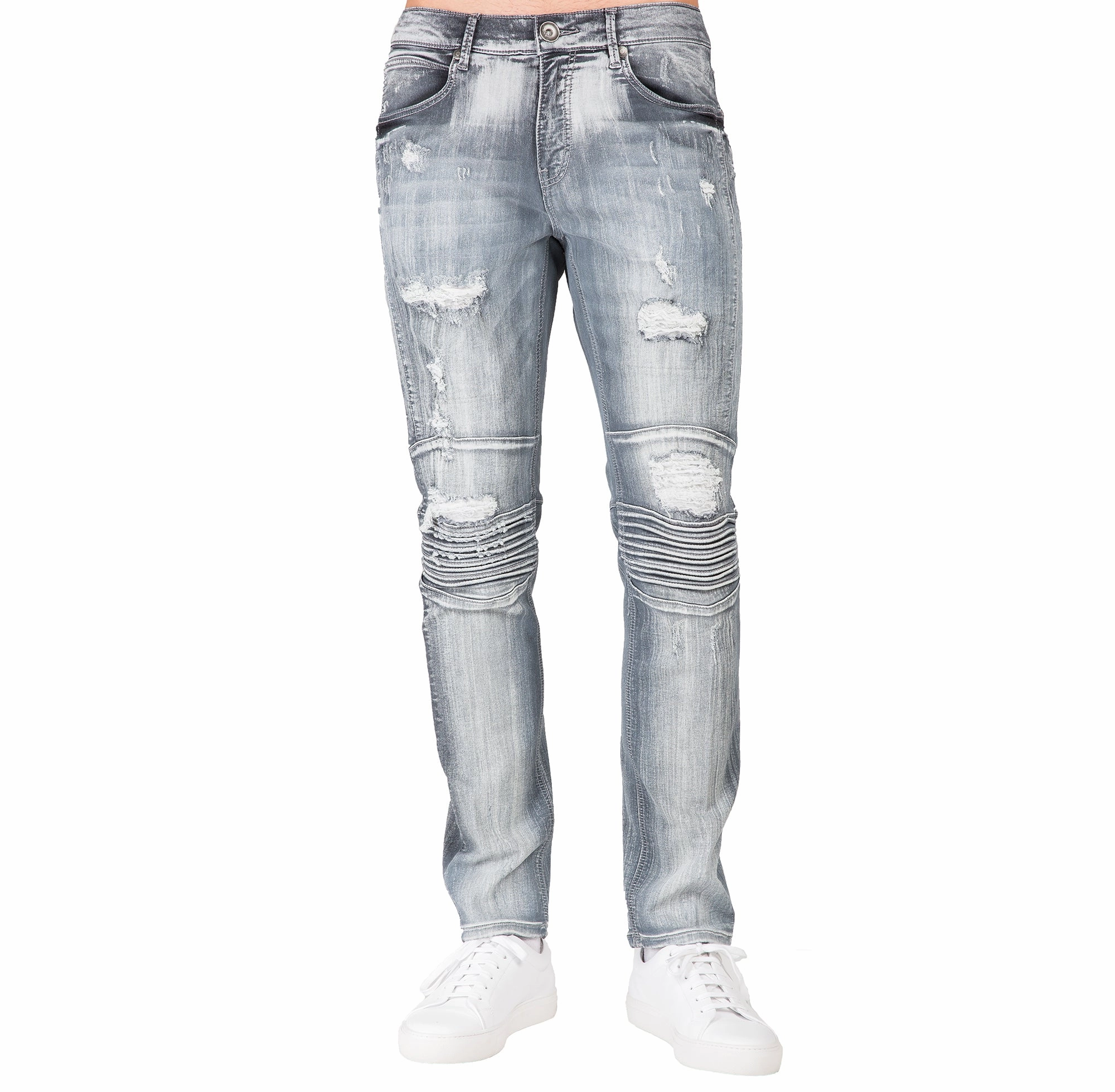 Organza Fit LowMaintenanceFabric Slim Tapered Leg Premium Knit Denim Destroyed & Mended Moto Jeans Bleached Gray