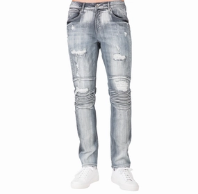 Organza Fit LowMaintenanceFabric Slim Tapered Leg Premium Knit Denim Destroyed & Mended Moto Jeans Bleached Gray
