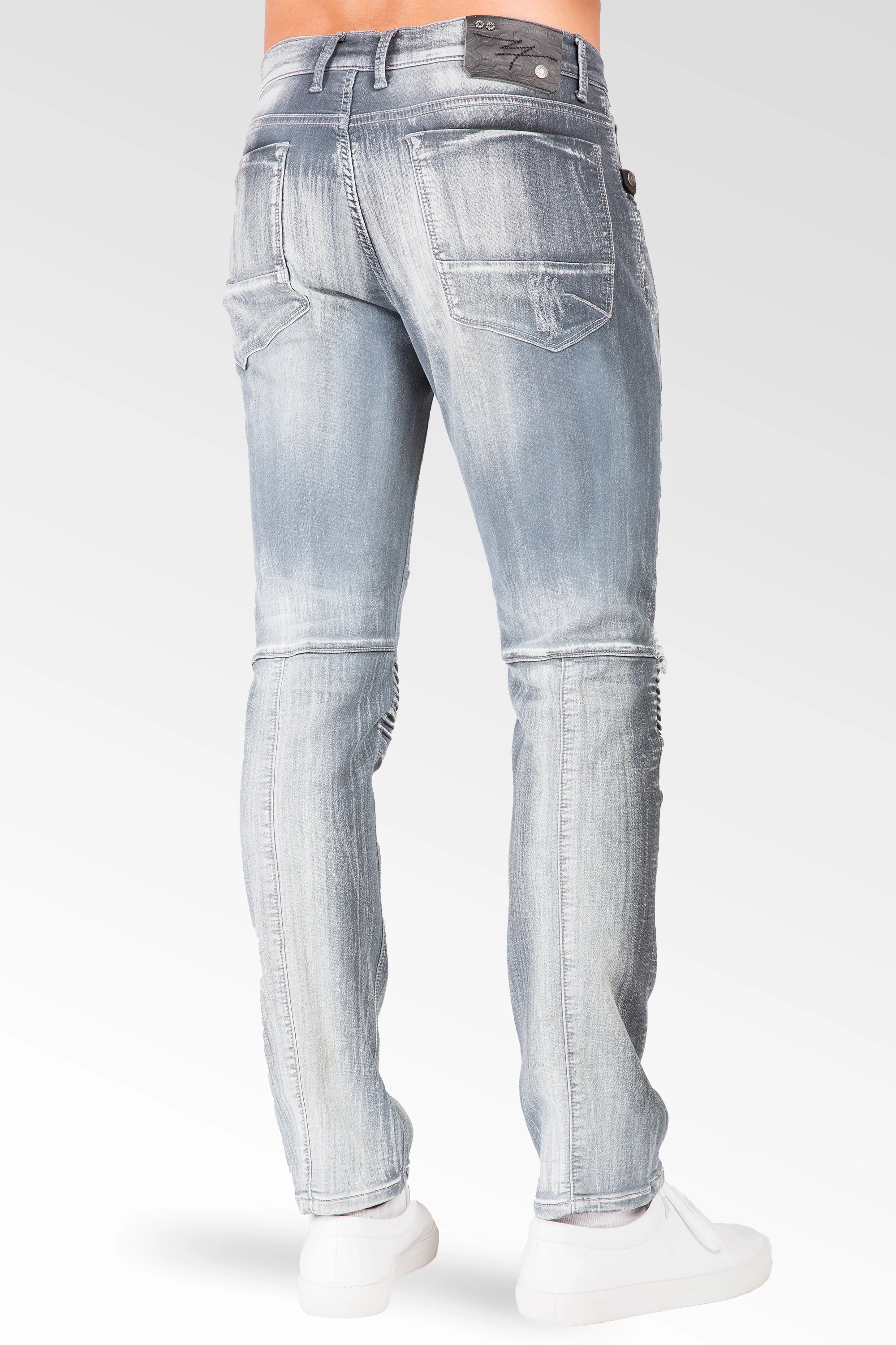 Festival Air Slim Tapered Leg Premium Knit Denim Destroyed & Mended Moto Jeans Bleached Gray