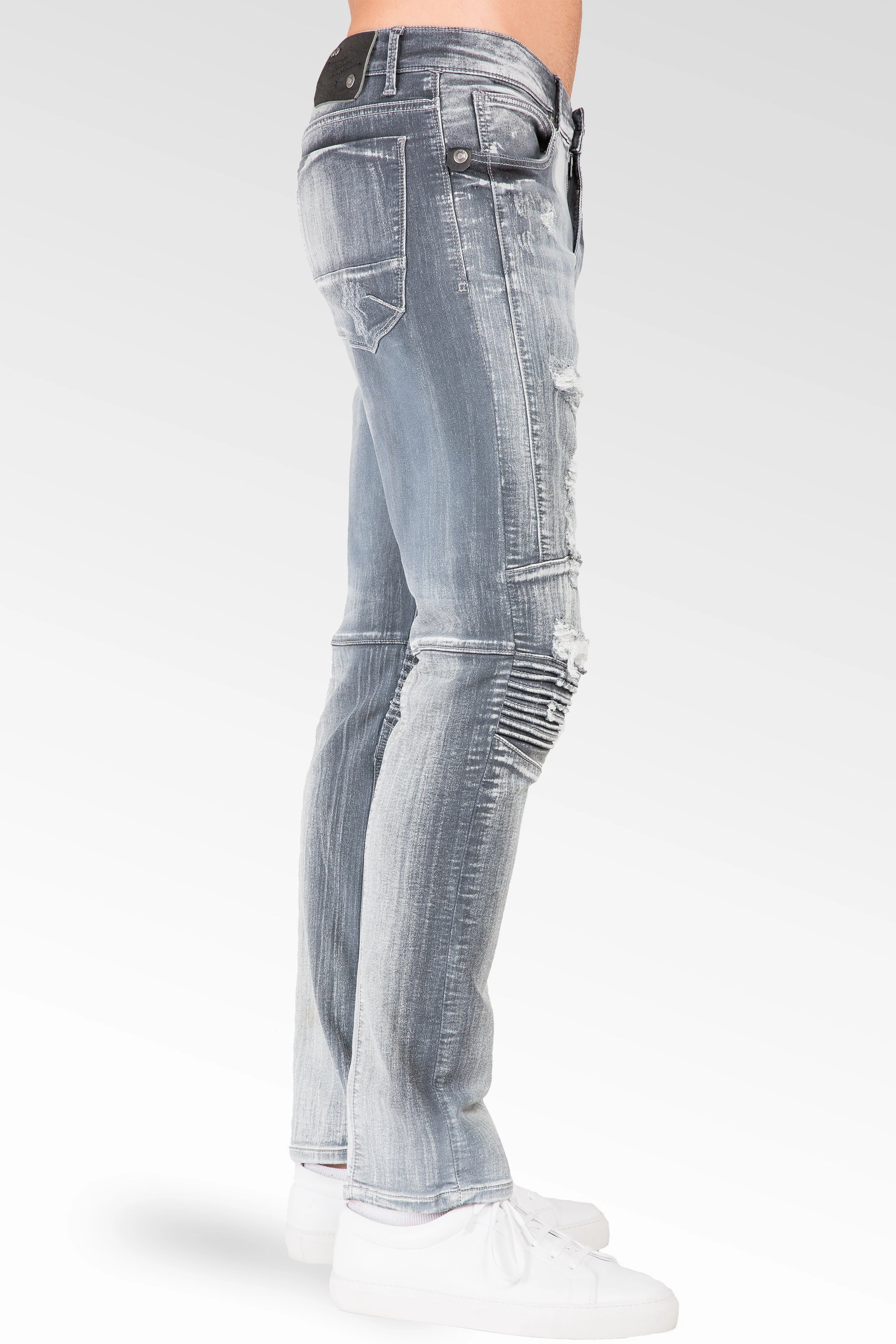 Athletic Wear Slim Tapered Leg Premium Knit Denim Destroyed & Mended Moto Jeans Bleached Gray