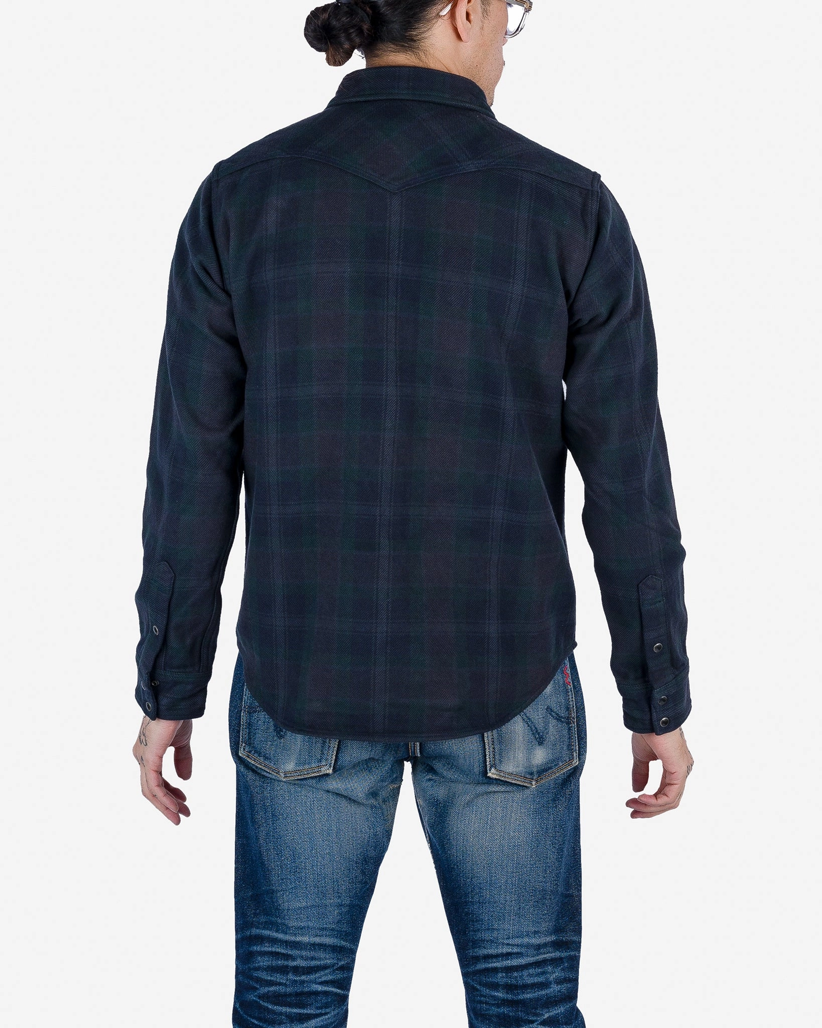 Ultra Heavy Flannel Crazy Check Western Shirt - Navy Overdyed Black Minimal Mood Flexible Waistband