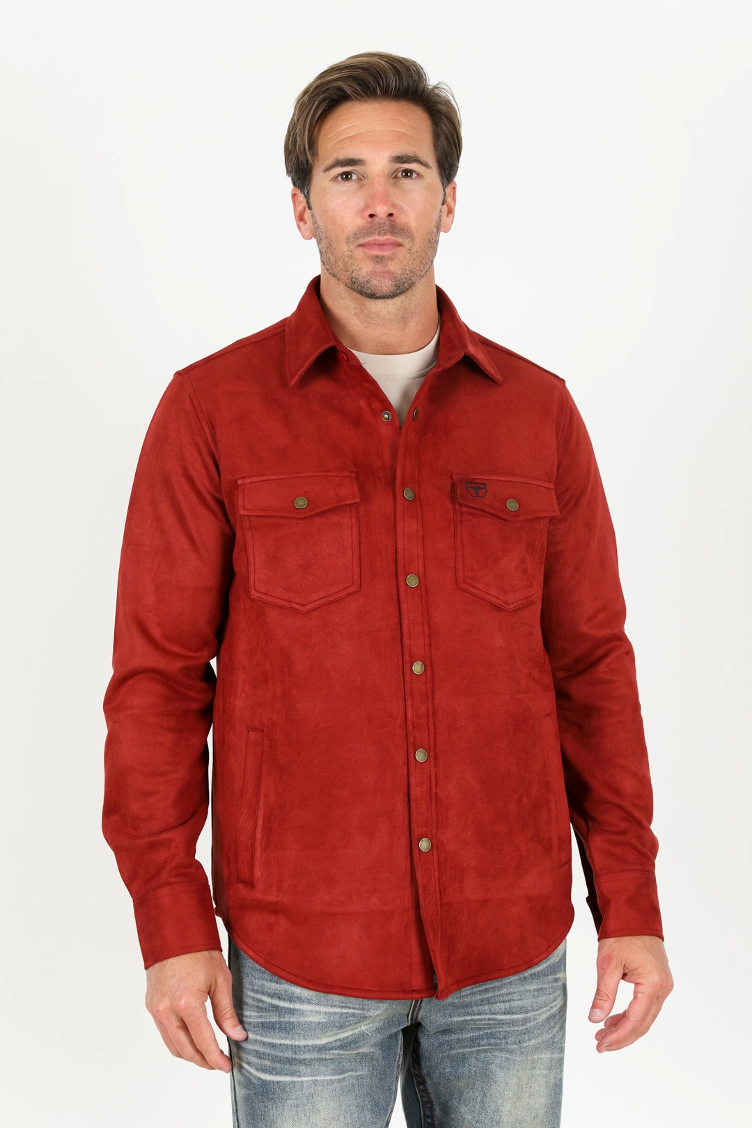 Unique Design Static Dissipating Fiber Men's Faux Suede Overshirt - Red