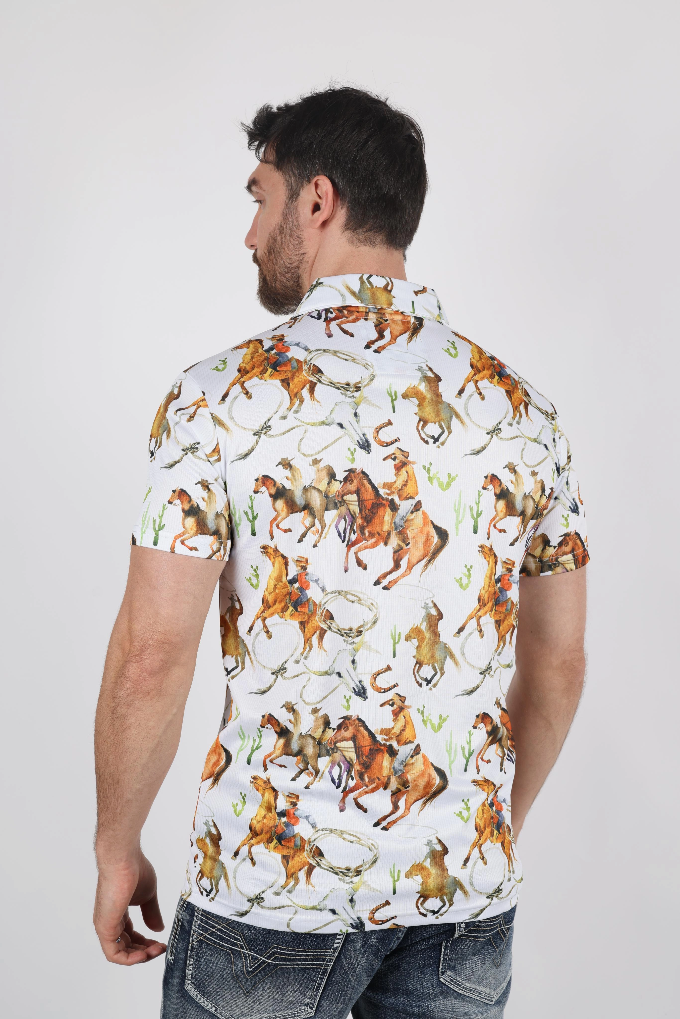 SnagProof Material Mens Performance Fabric Modern Fit Stretch Rodeo Print Polos