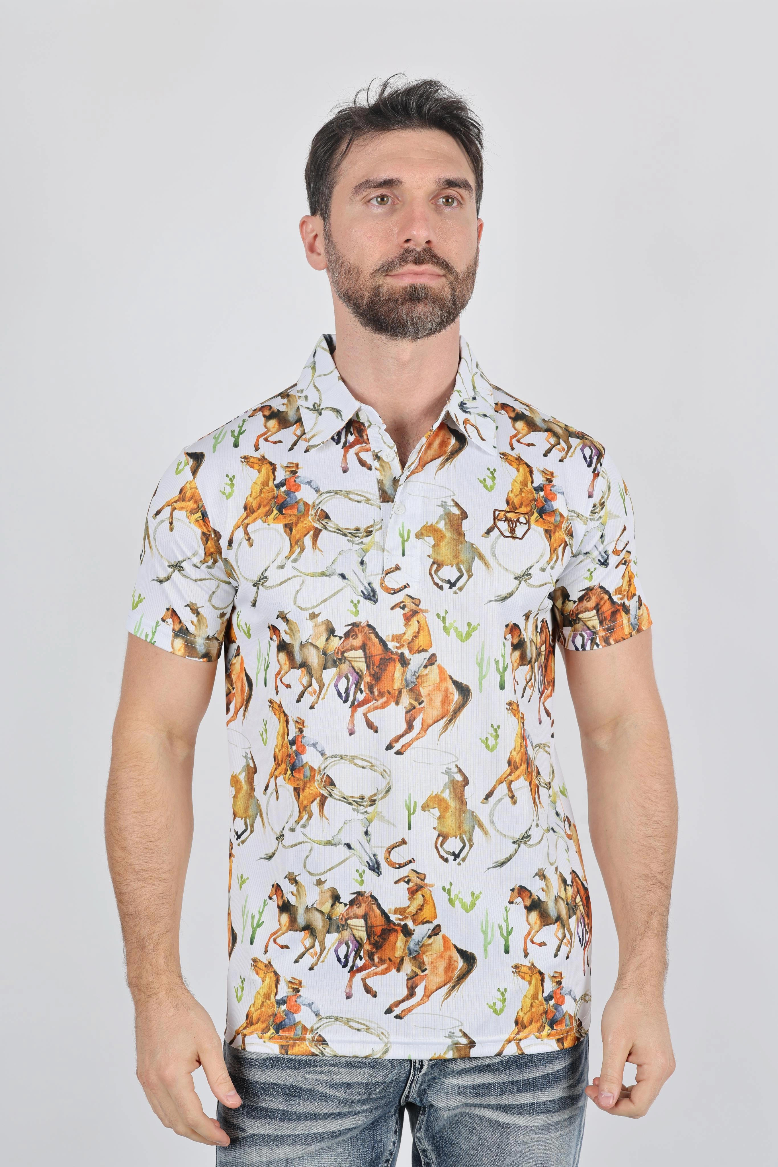 Professional Layers Fashionable Fit Mens Performance Fabric Modern Fit Stretch Rodeo Print Polos