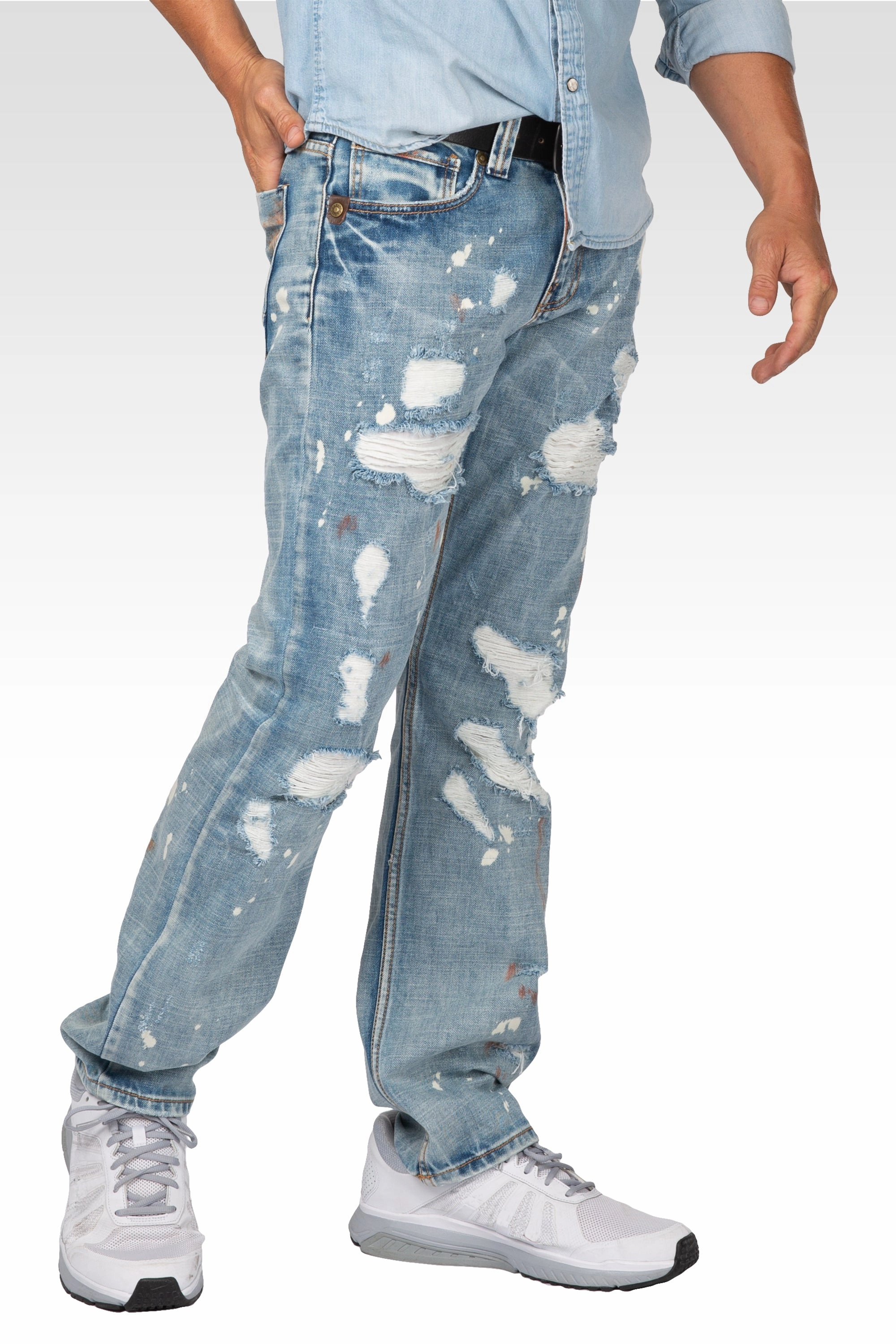 Mens Slim Straight Premium Bleach Washed Distressed Paint Splatter Jeans Youth Glow Mountain Cool