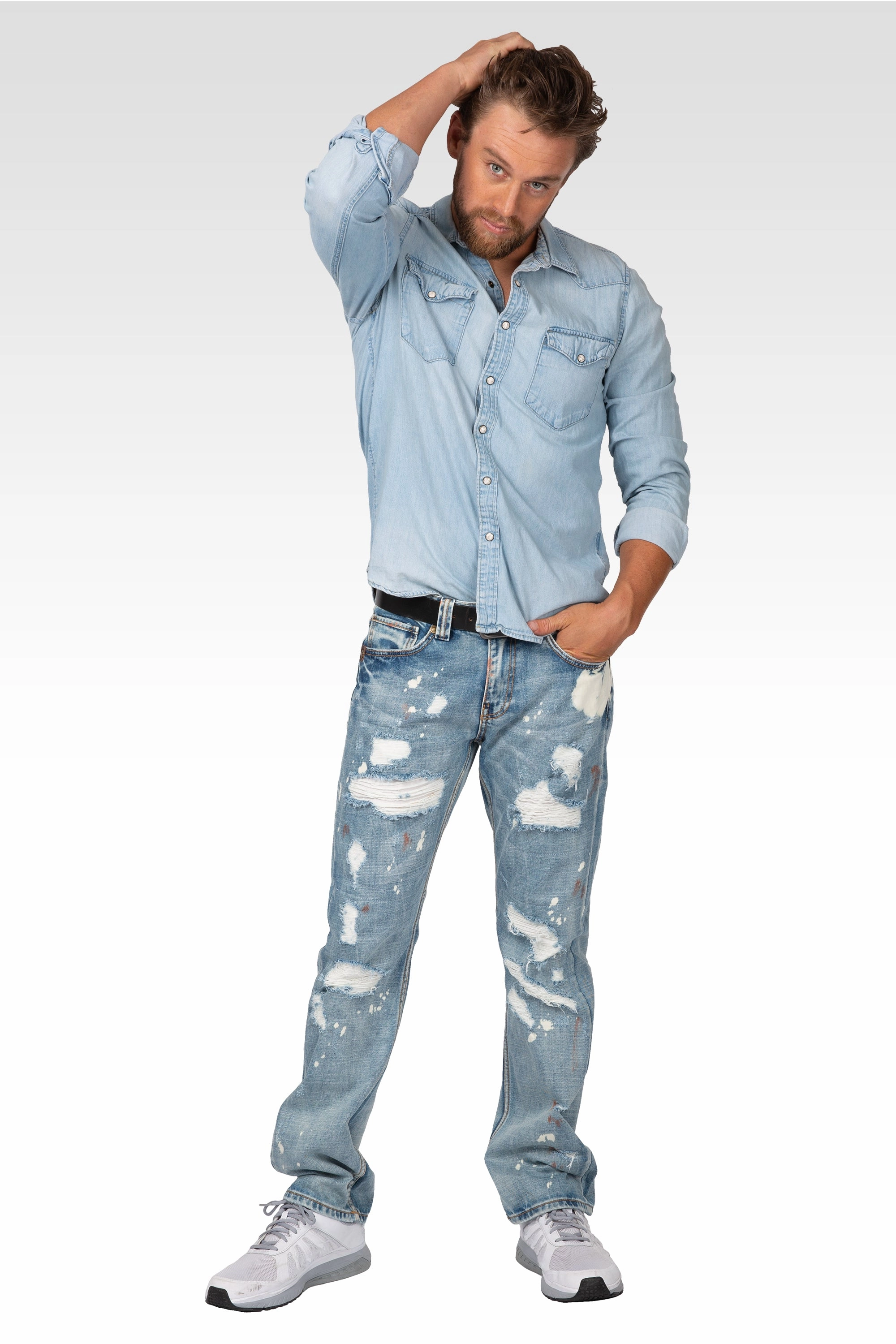 Active Wear Lake Mood Mens Slim Straight Premium Bleach Washed Distressed Paint Splatter Jeans