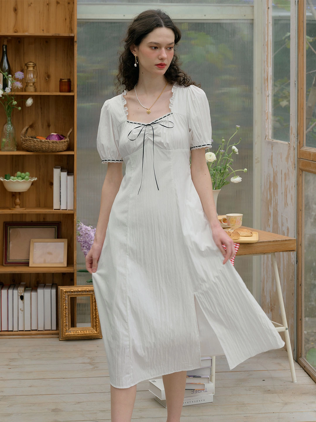 Edith Square Neck Contrast Bow Puff Sleeves Slit Hem Dress Shoot Mood