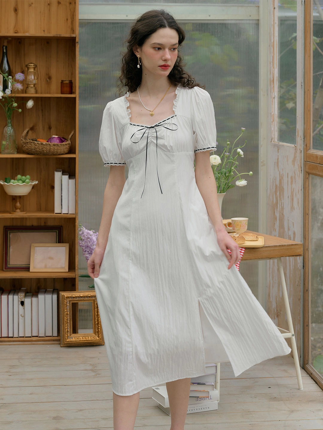 NonIrritating Seams Flight Fit Edith Square Neck Contrast Bow Puff Sleeves Slit Hem Dress