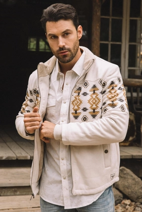 Men's Ethnic Aztec Quilted Fur Lined Beige Jacket Pure Linen Blend