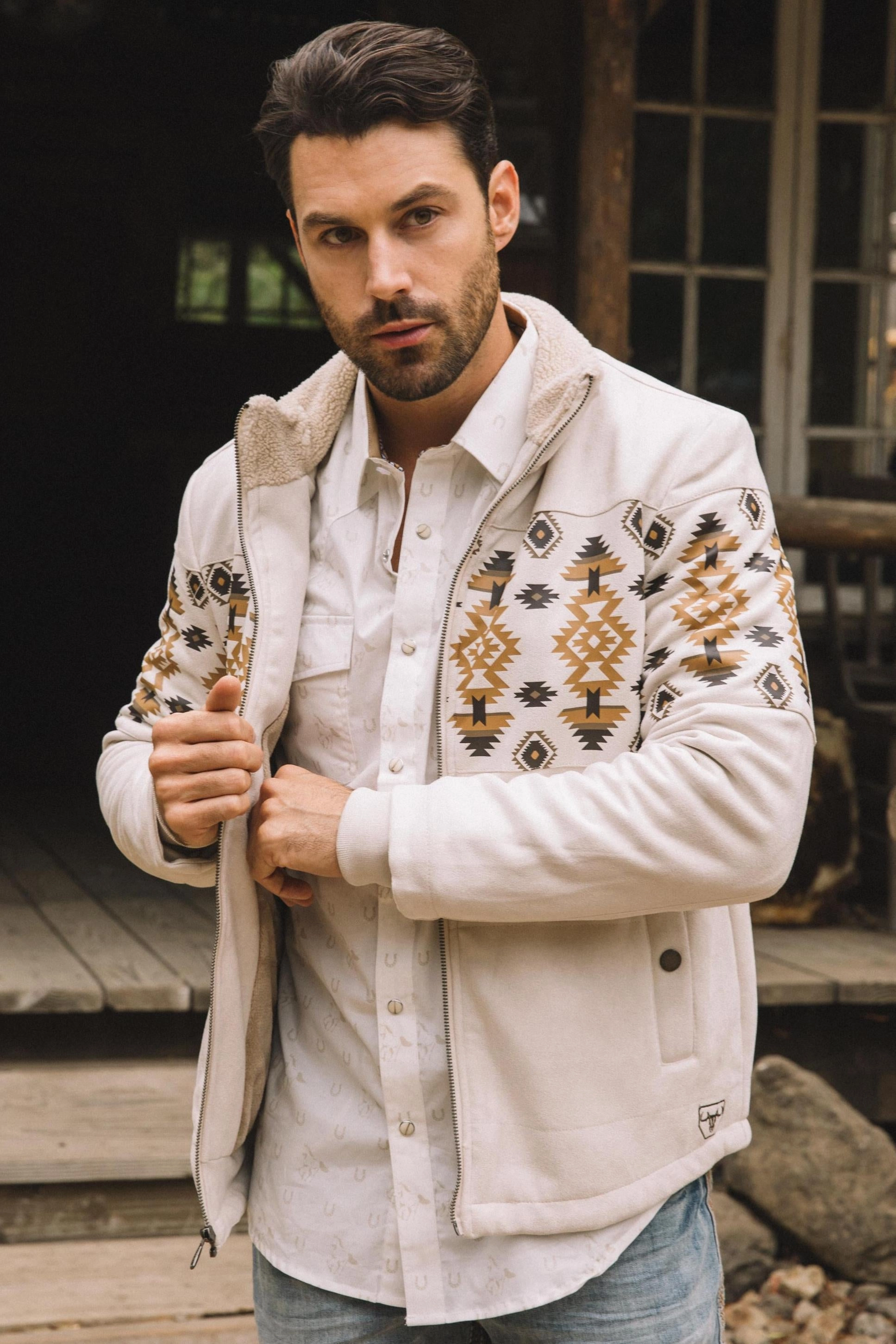 Men's Ethnic Aztec Quilted Fur Lined Beige Jacket Pure Linen Blend