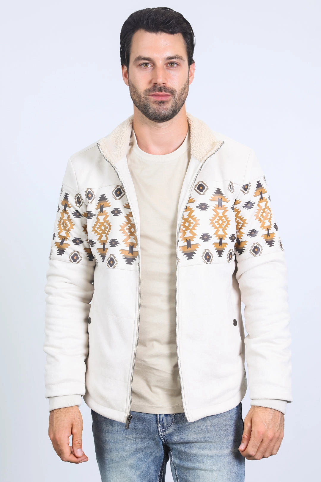 StretchPaneling Men's Ethnic Aztec Quilted Fur Lined Beige Jacket