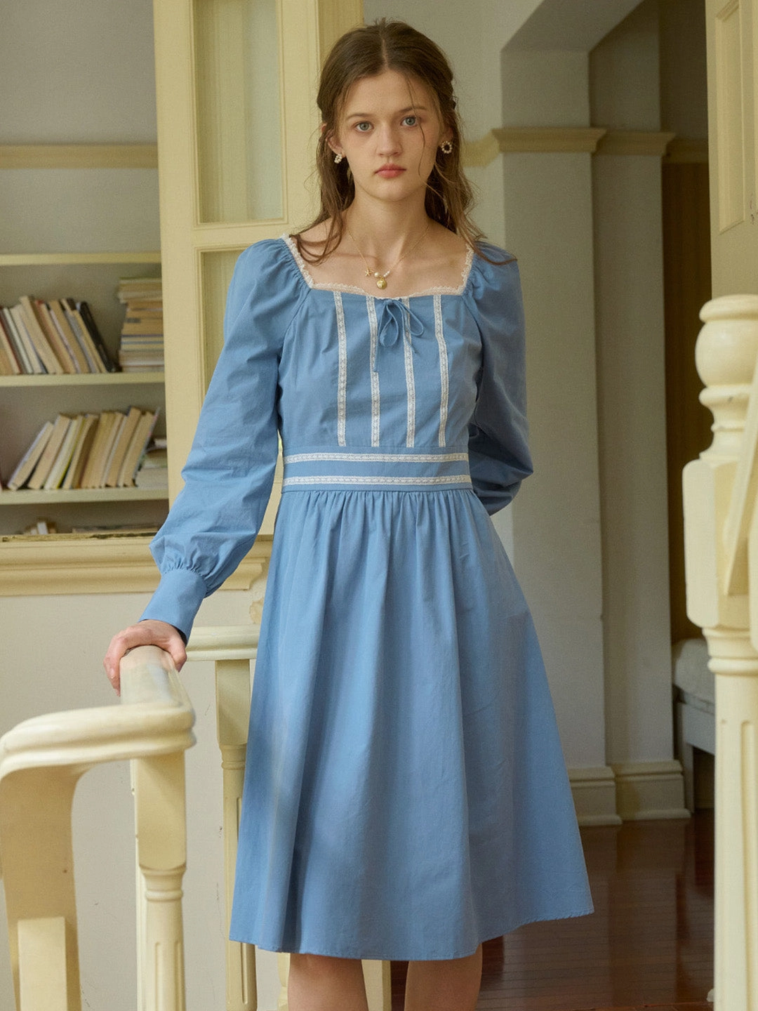 ??Final Sale??Jazmine Square Collar Trimmed Lace-up Bow Long Sleeve Cotton Dress Simple Dress