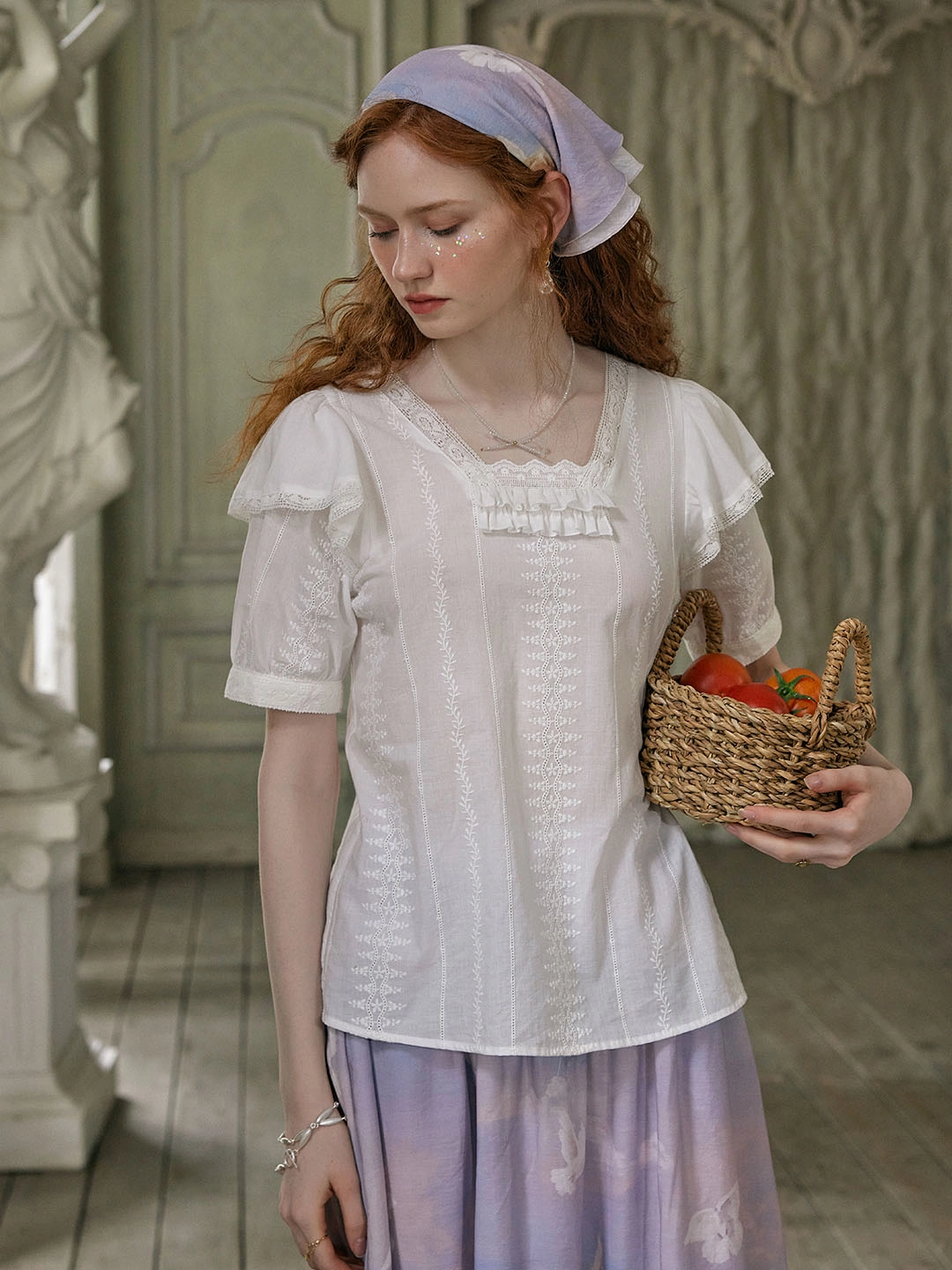 Reign Small Square Collar Lace Embroidered Puff Sleeve Cotton Blouse Youth Glow