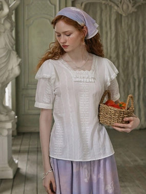 Reign Small Square Collar Lace Embroidered Puff Sleeve Cotton Blouse Mom Soft Calm Tone