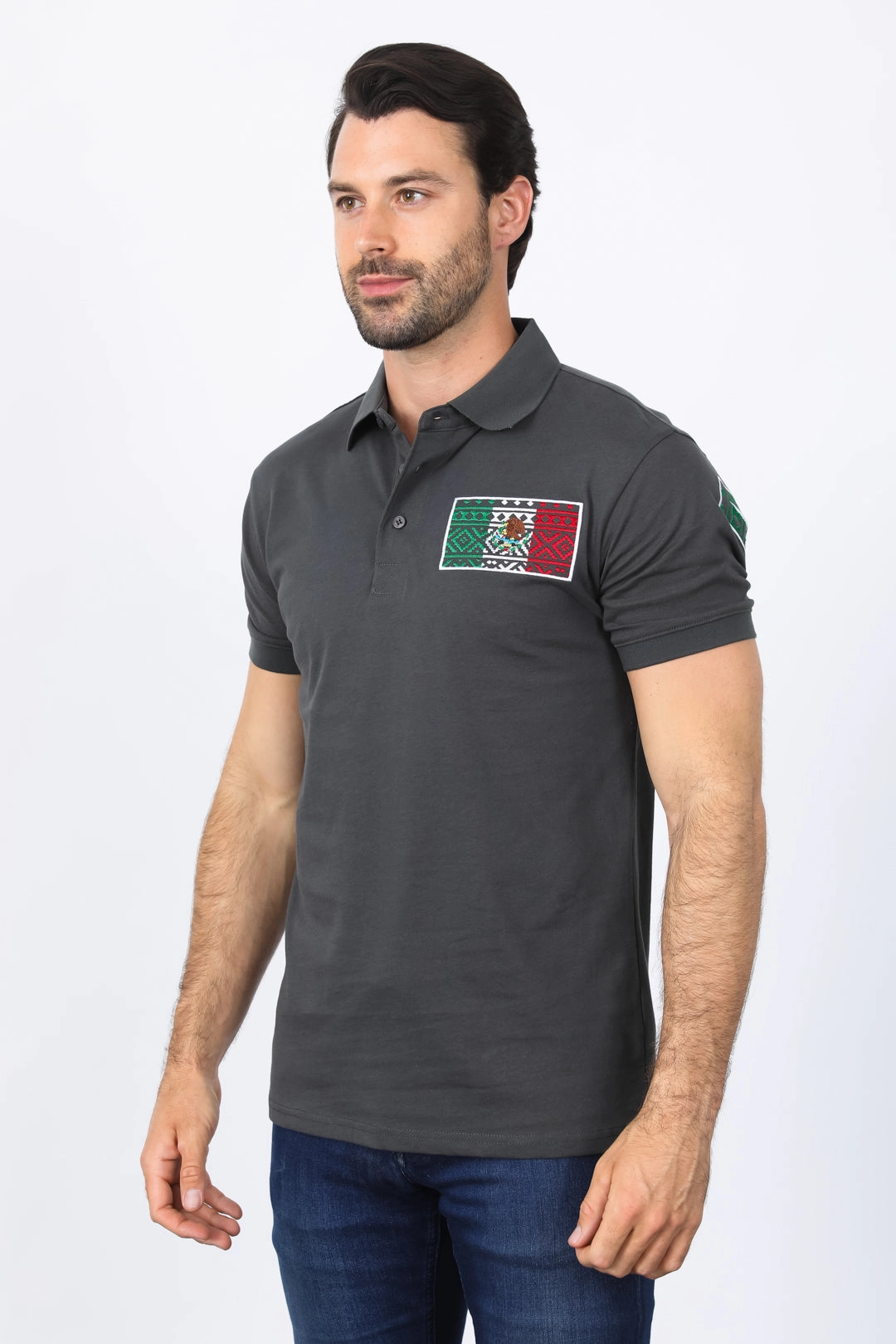 Mens Modern Fit Stretch MEXICO Embroidery Polo Premium Layering Comfort Wearable