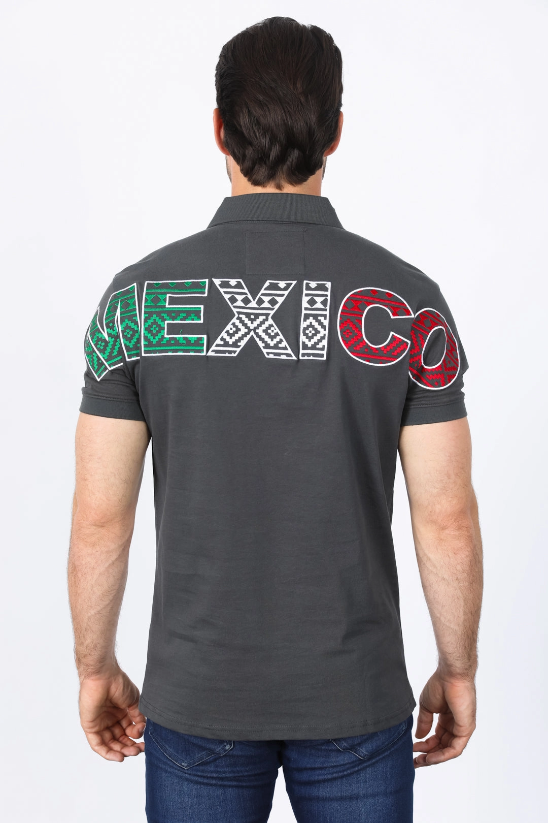 Mens Modern Fit Stretch MEXICO Embroidery Polo Unstructured Hem Lightweight Stretch