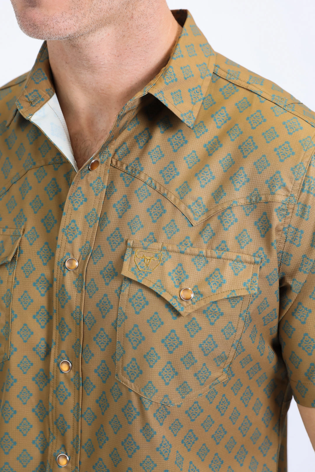 Corporate Wear Mens Performance Western Short Sleeve Aztec Print Khaki Shirt