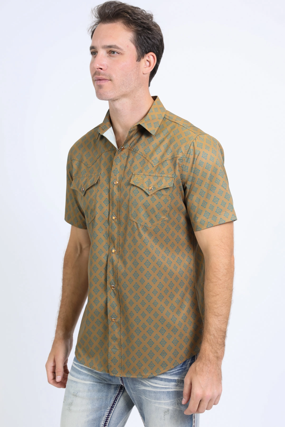 Neutral Colors Mens Performance Western Short Sleeve Aztec Print Khaki Shirt