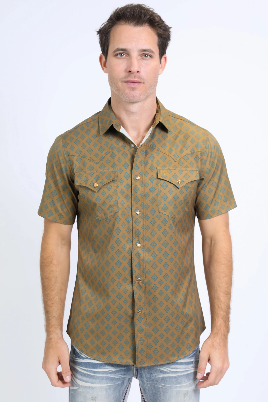 Fall Foliage Pocket Detailing Mens Performance Western Short Sleeve Aztec Print Khaki Shirt