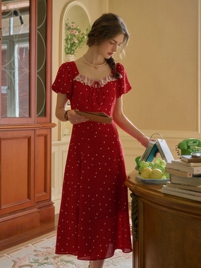 Emma Square Neck Lace Puff Sleeves Dress Group Mood BreathableLining