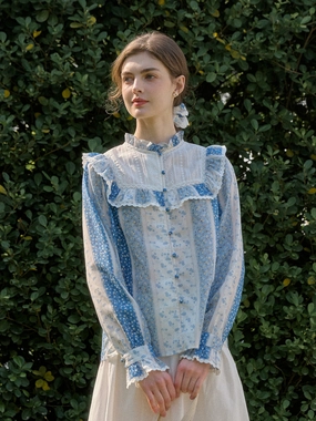 Casual Polo Model Edge Emmie Trimmed Mock Neck Contrast Lace Floral Print Patchwork Blouse