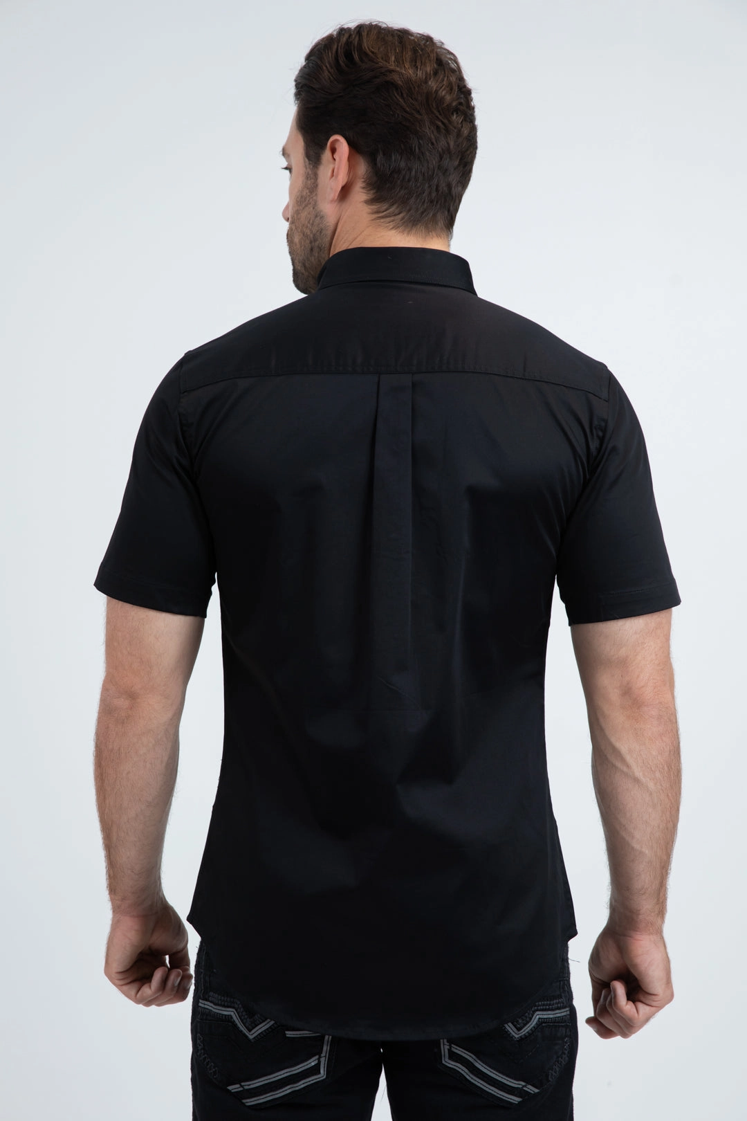 Men??s Single Pocket Logo Modern Fit Stretch Black Short Sleeve Shirt No Chafe Edging Pure Cotton