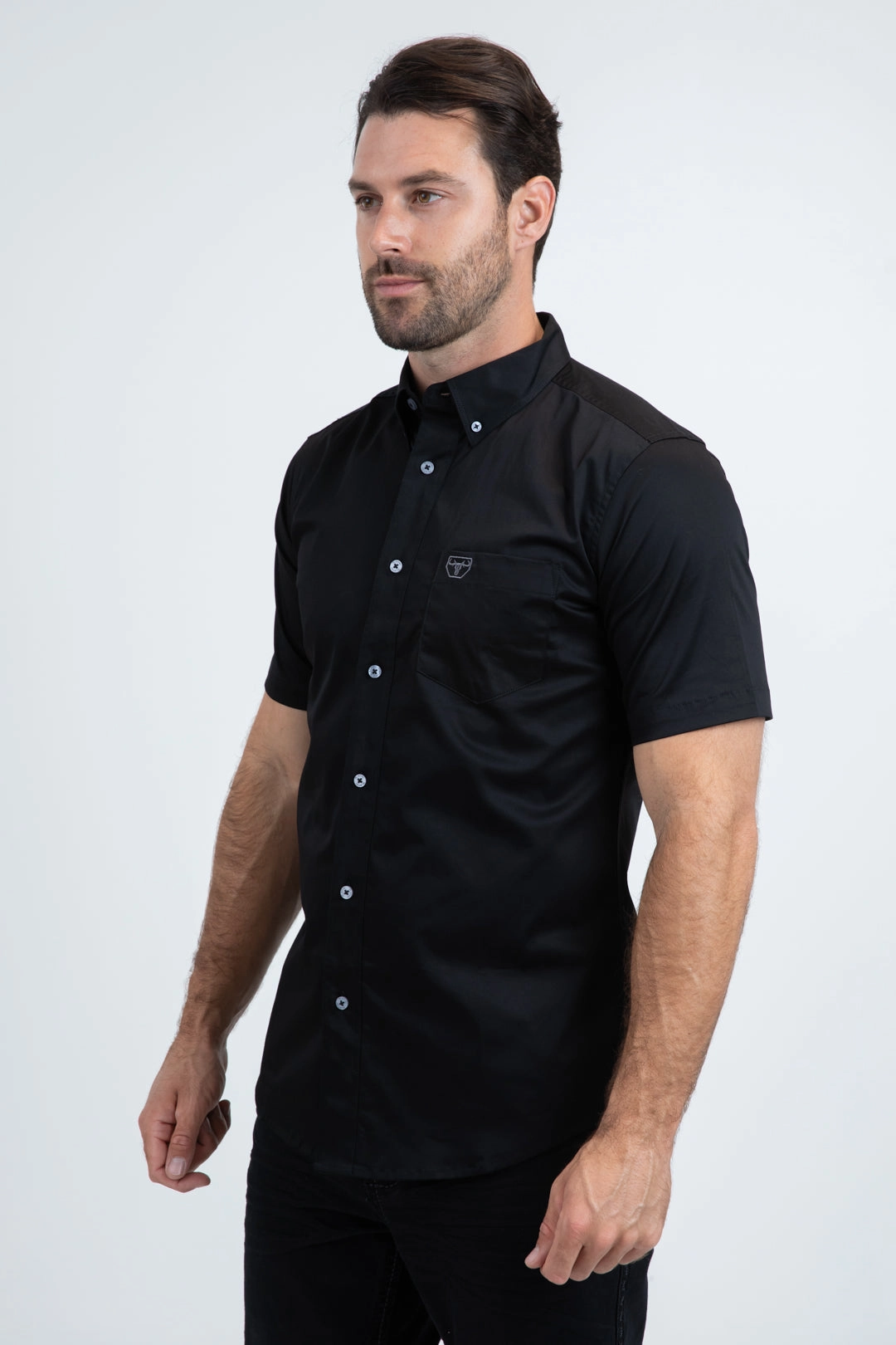 Men??s Single Pocket Logo Modern Fit Stretch Black Short Sleeve Shirt Limited Edition