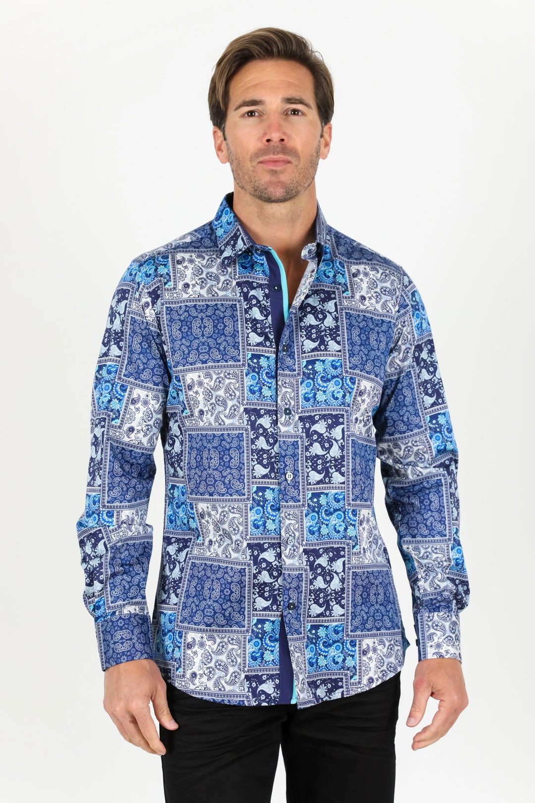 Satin Cotton/Spandex Long Sleeve Shirt - Blue Easy Wear