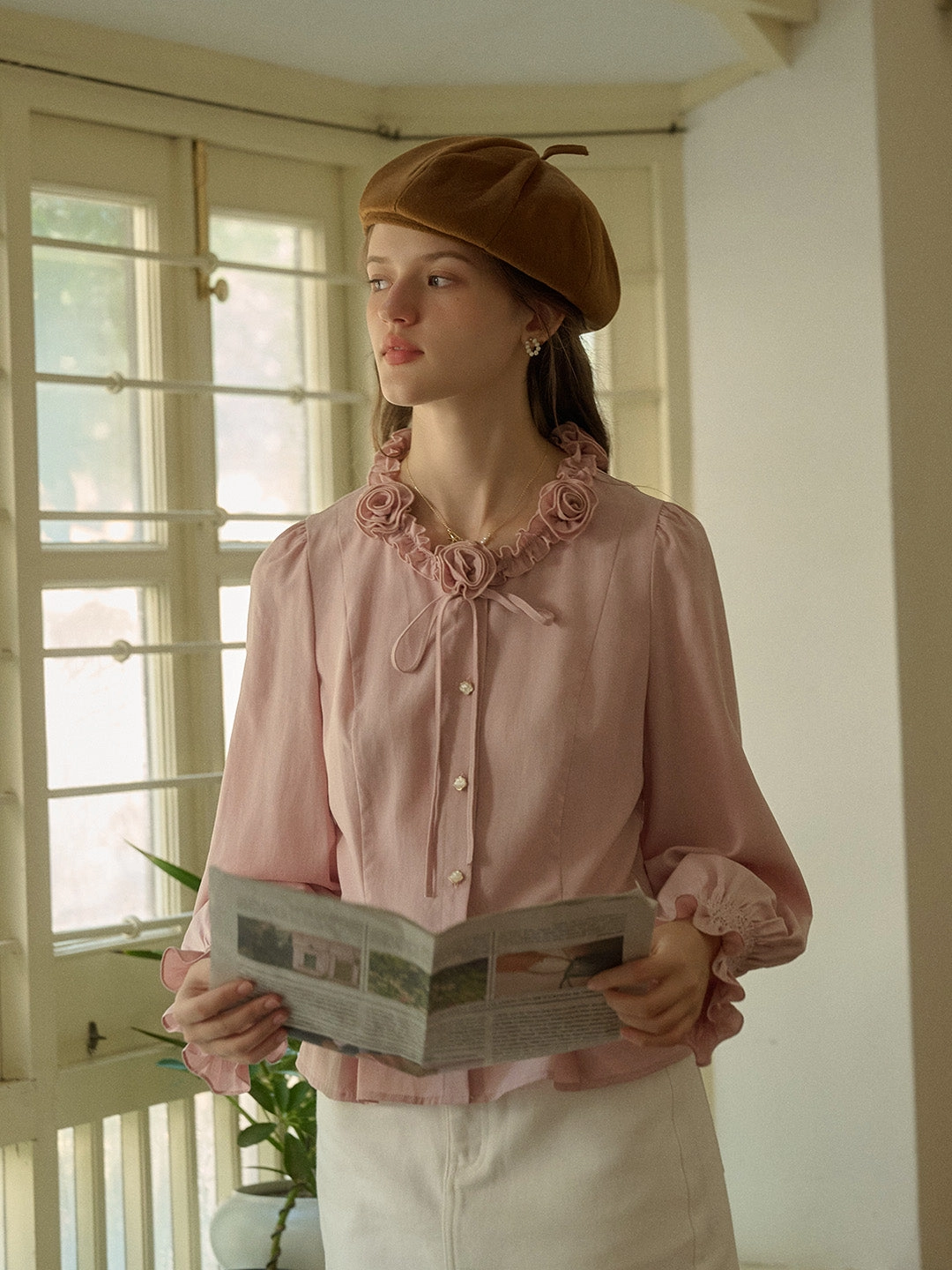 Davina 3D Rose Bow Round Neck Cuff Splicing Trim Blouse Comfortable Layer SustainableTextiles