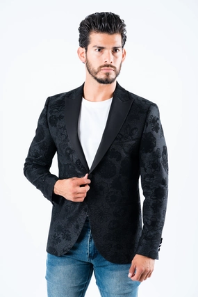 Men's Double Button Black Woven Printed Blazer Crown Fit