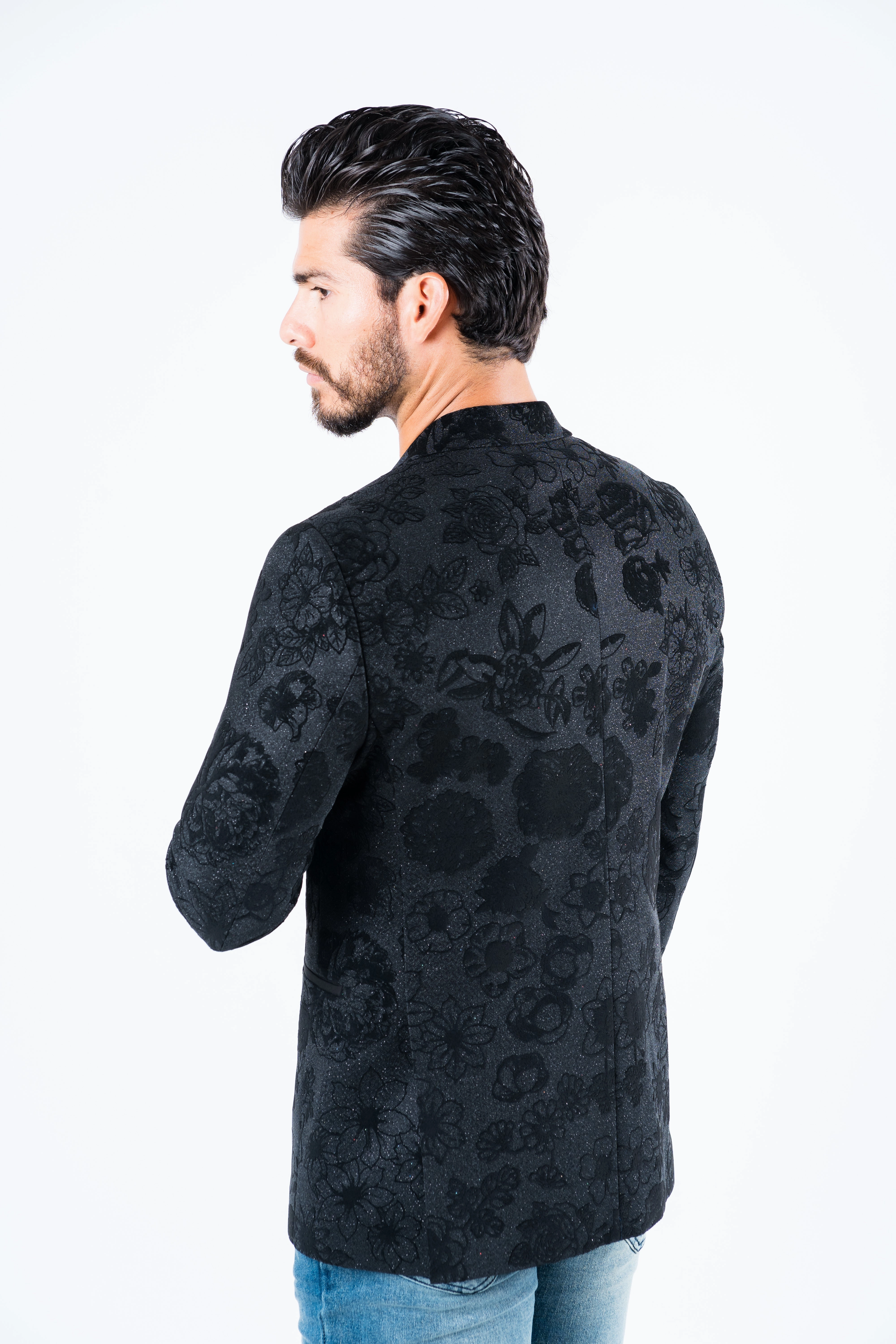 ReflectiveDetails Bio Glow Men's Double Button Black Woven Printed Blazer