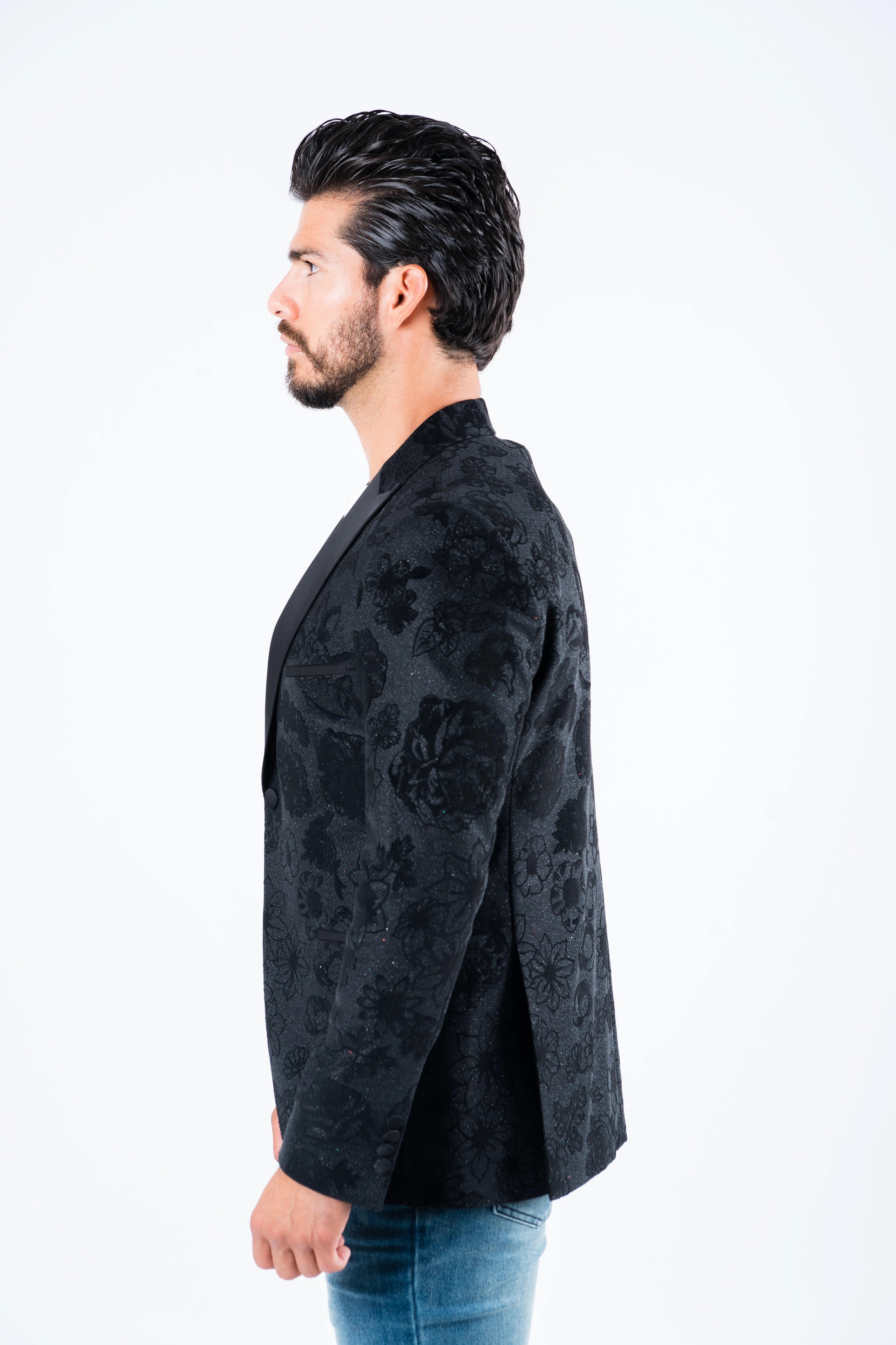 Men's Double Button Black Woven Printed Blazer HeatReflective Lining