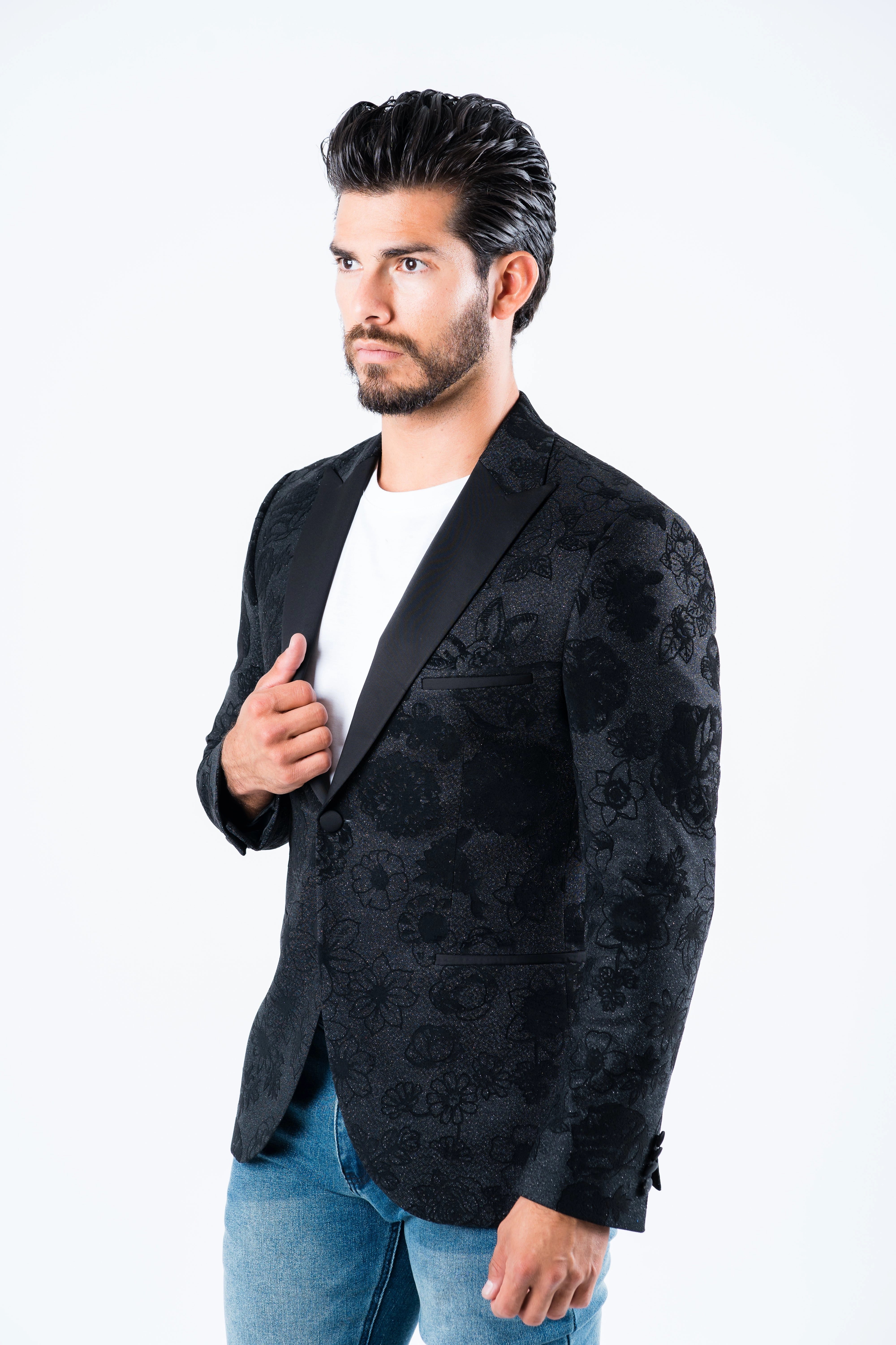 Men's Double Button Black Woven Printed Blazer Reflective Safety Accents