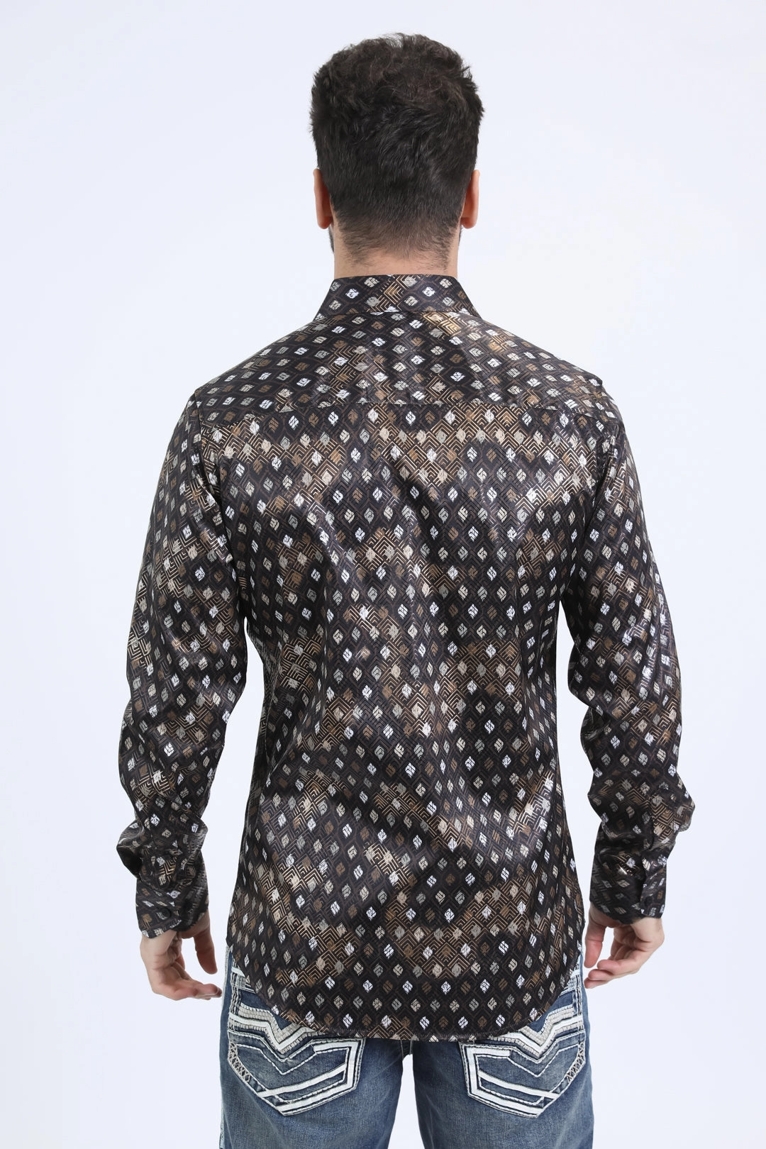 Chic Look Subtle design Mens Modern Fit Stretch Foil Fashion Black Shirt