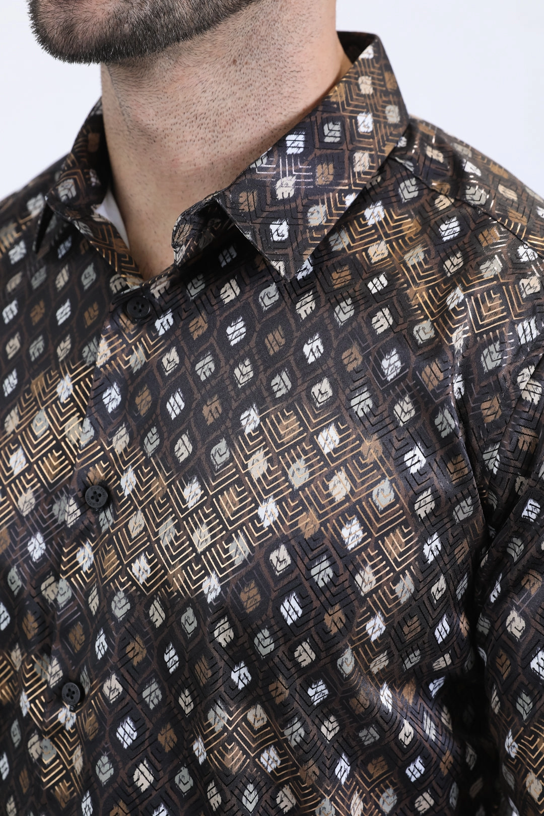 Resort Wear Mens Modern Fit Stretch Foil Fashion Black Shirt