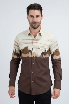 Warm Layers Men's Modern Fit Cotton Stretch Rodeo Panoramic Print Brown Shirt