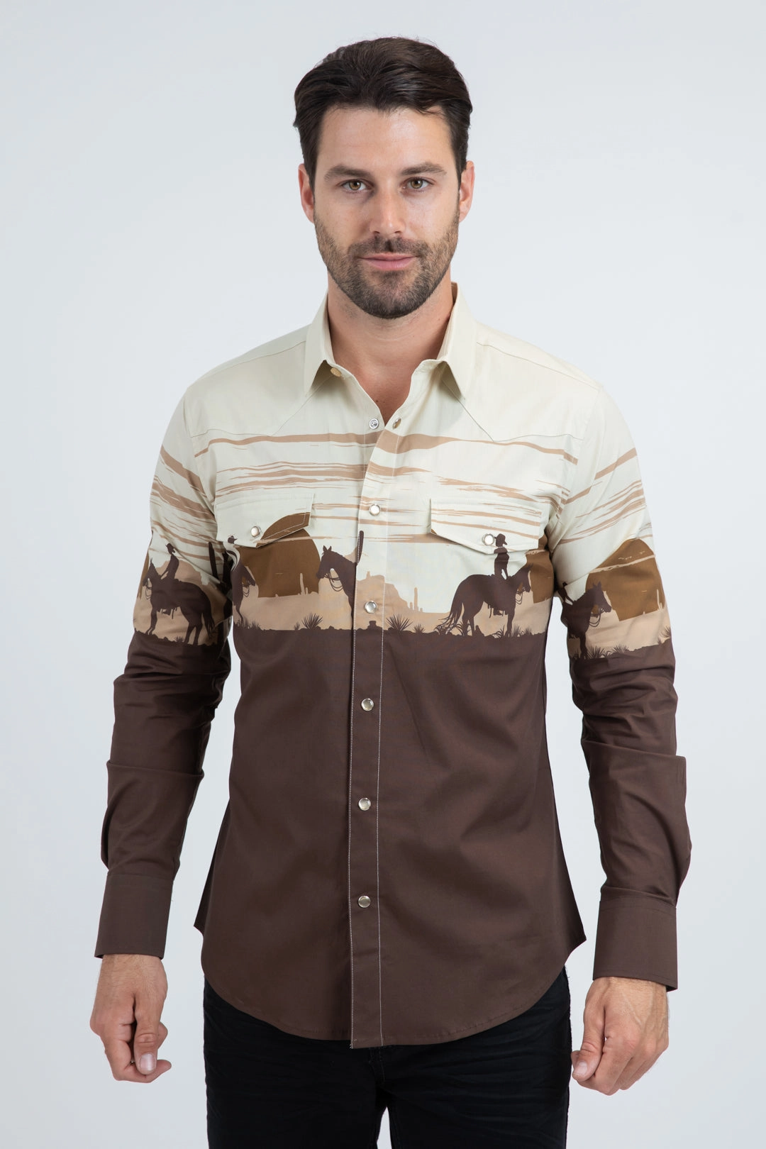 Warm Layers Men's Modern Fit Cotton Stretch Rodeo Panoramic Print Brown Shirt