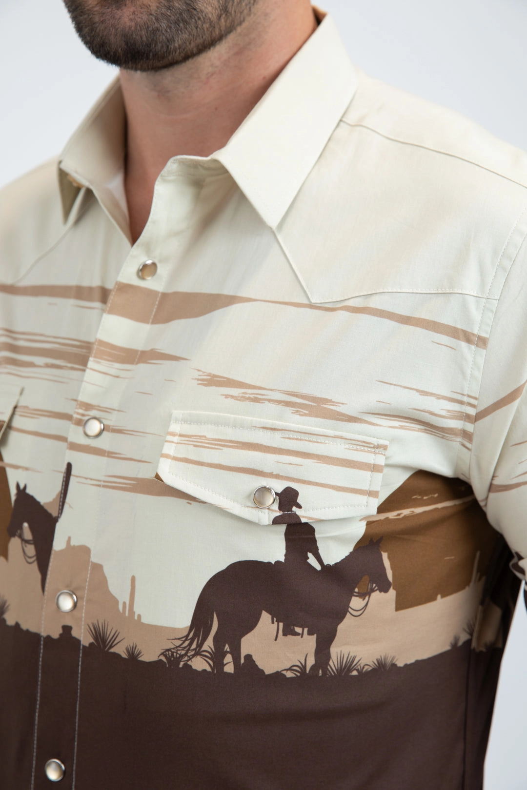 Men's Modern Fit Cotton Stretch Rodeo Panoramic Print Brown Shirt Weekend Adventure