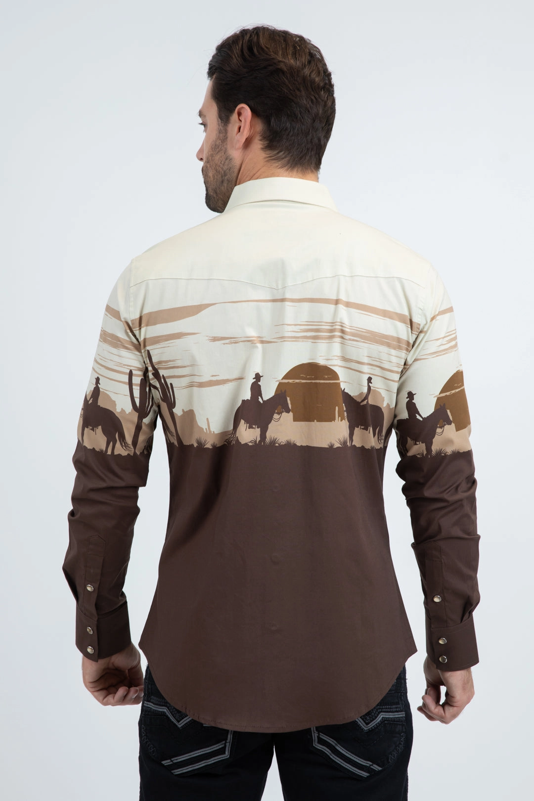 Holiday Outfit Men's Modern Fit Cotton Stretch Rodeo Panoramic Print Brown Shirt
