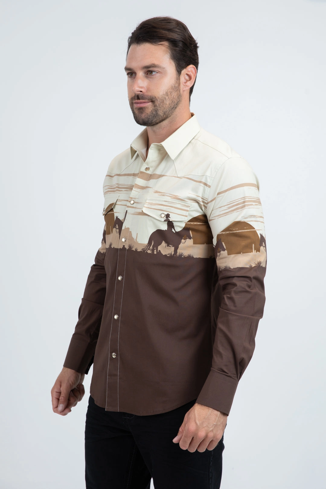 Trendy Pattern Men's Modern Fit Cotton Stretch Rodeo Panoramic Print Brown Shirt