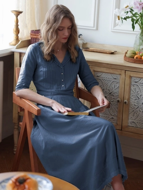 Fiona 100% Cotton Demin Blue Midi Dress HighCollar Style Loose Thread