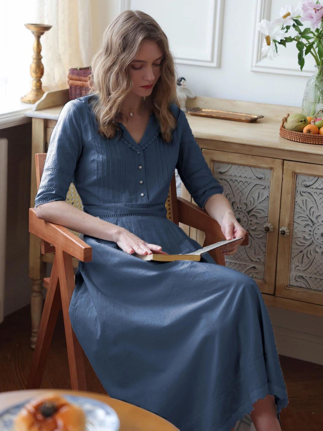 Fiona 100% Cotton Demin Blue Midi Dress Cozy Fit VentilatedKnit