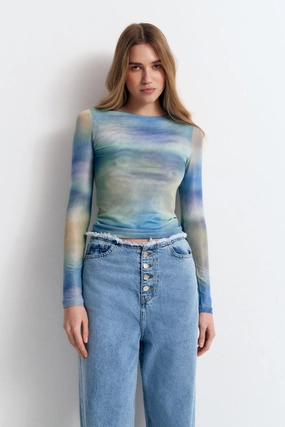 Green Gradient Effect Long Sleeve Top Batik