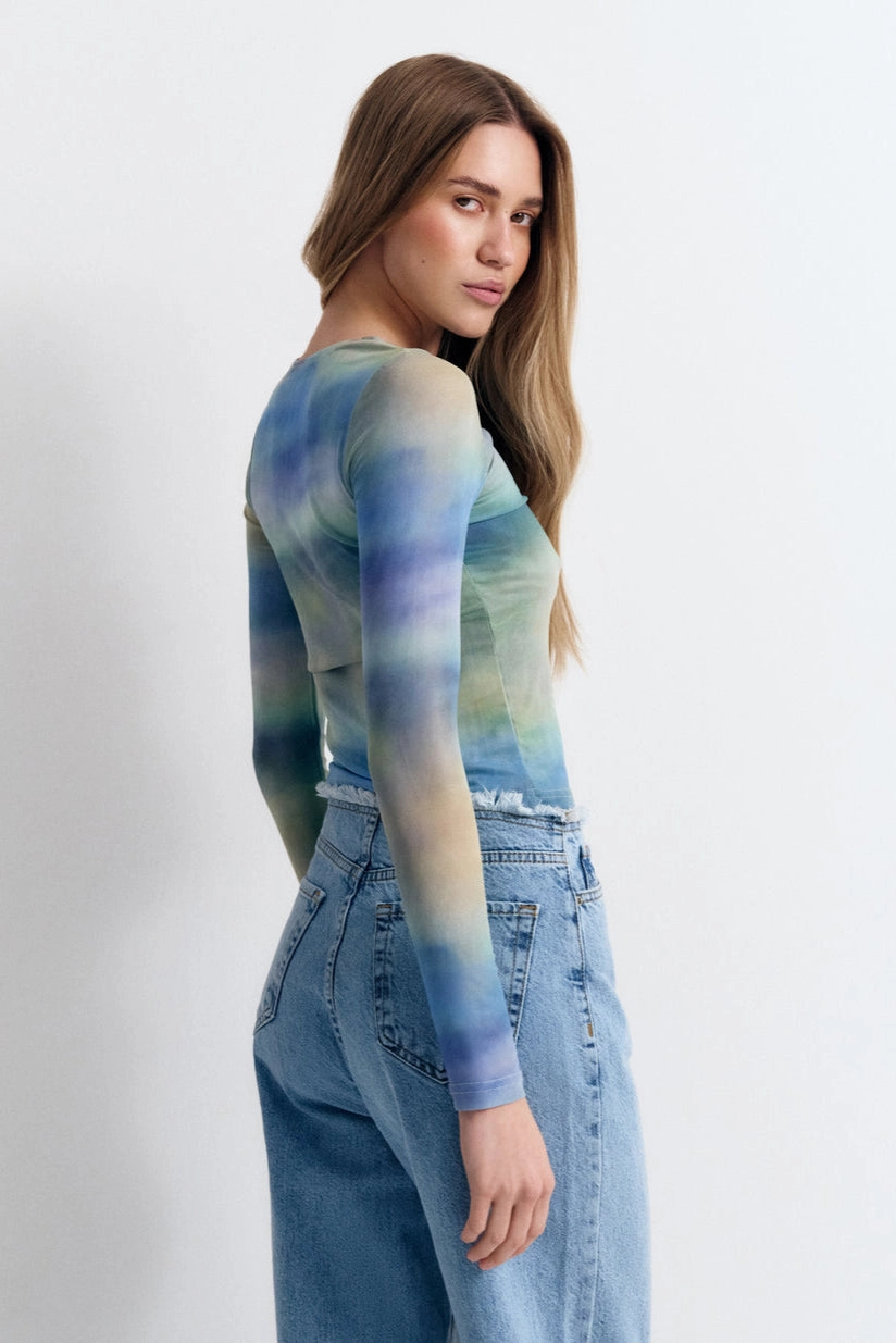 Green Gradient Effect Long Sleeve Top Fashionable Trend