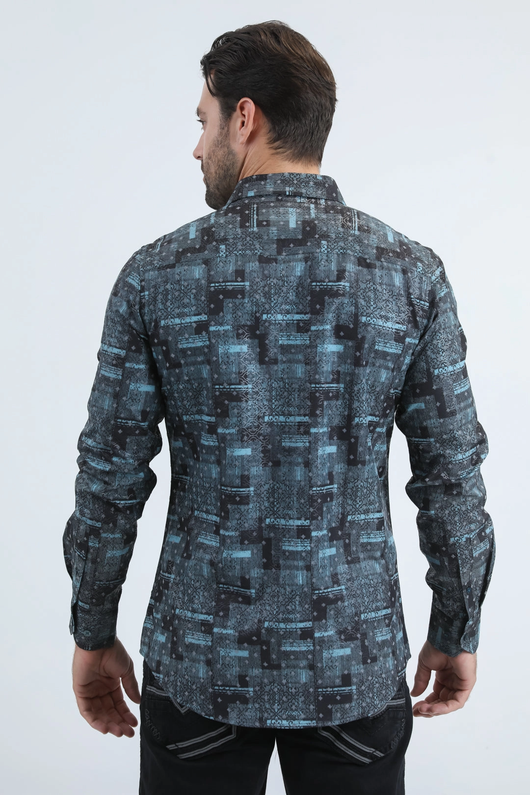 fade resistant color Adjustable Cuff Closure Men's Flocked Modern Fit Spandex Black Shirt