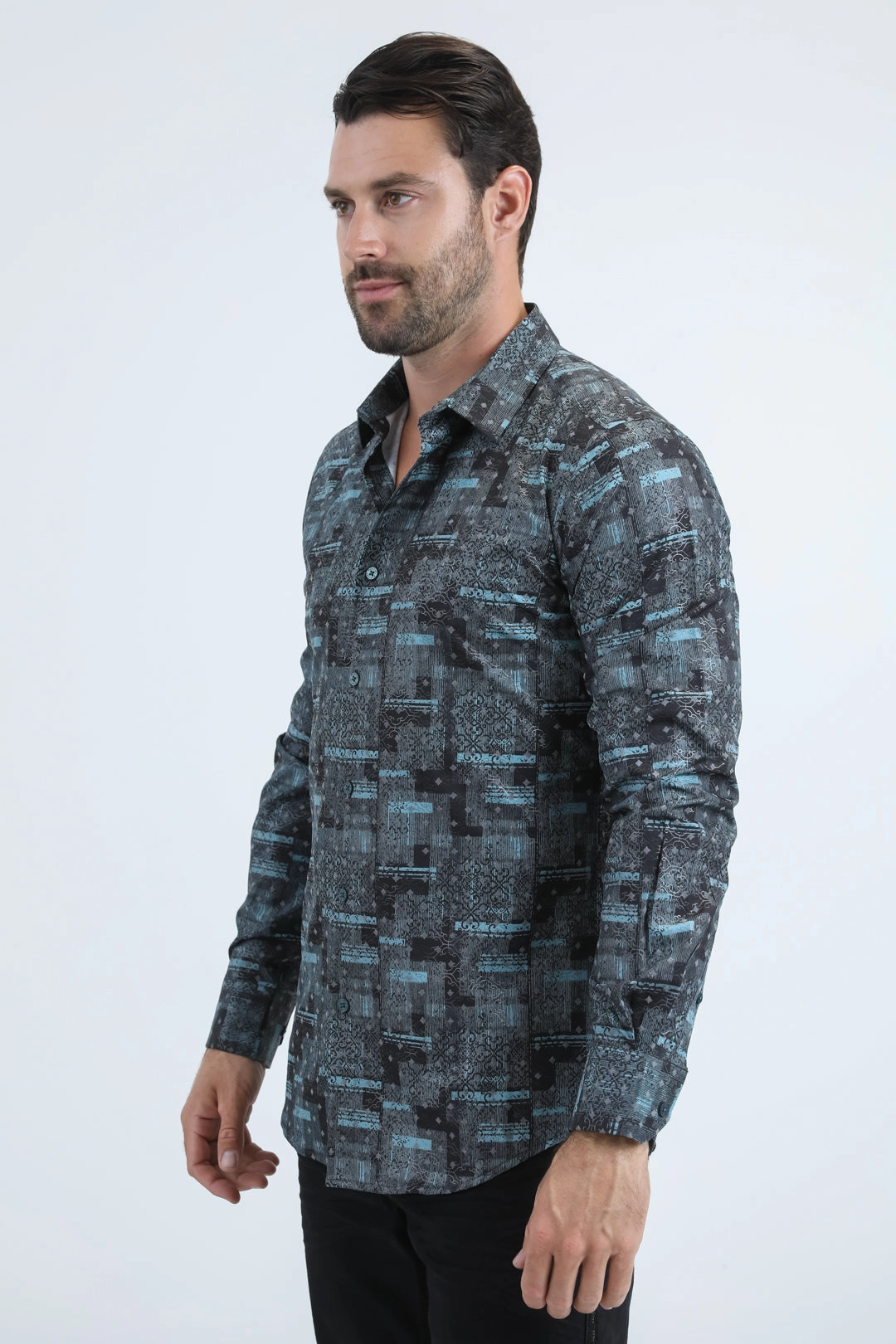 Anti-static Abstract print Men's Flocked Modern Fit Spandex Black Shirt